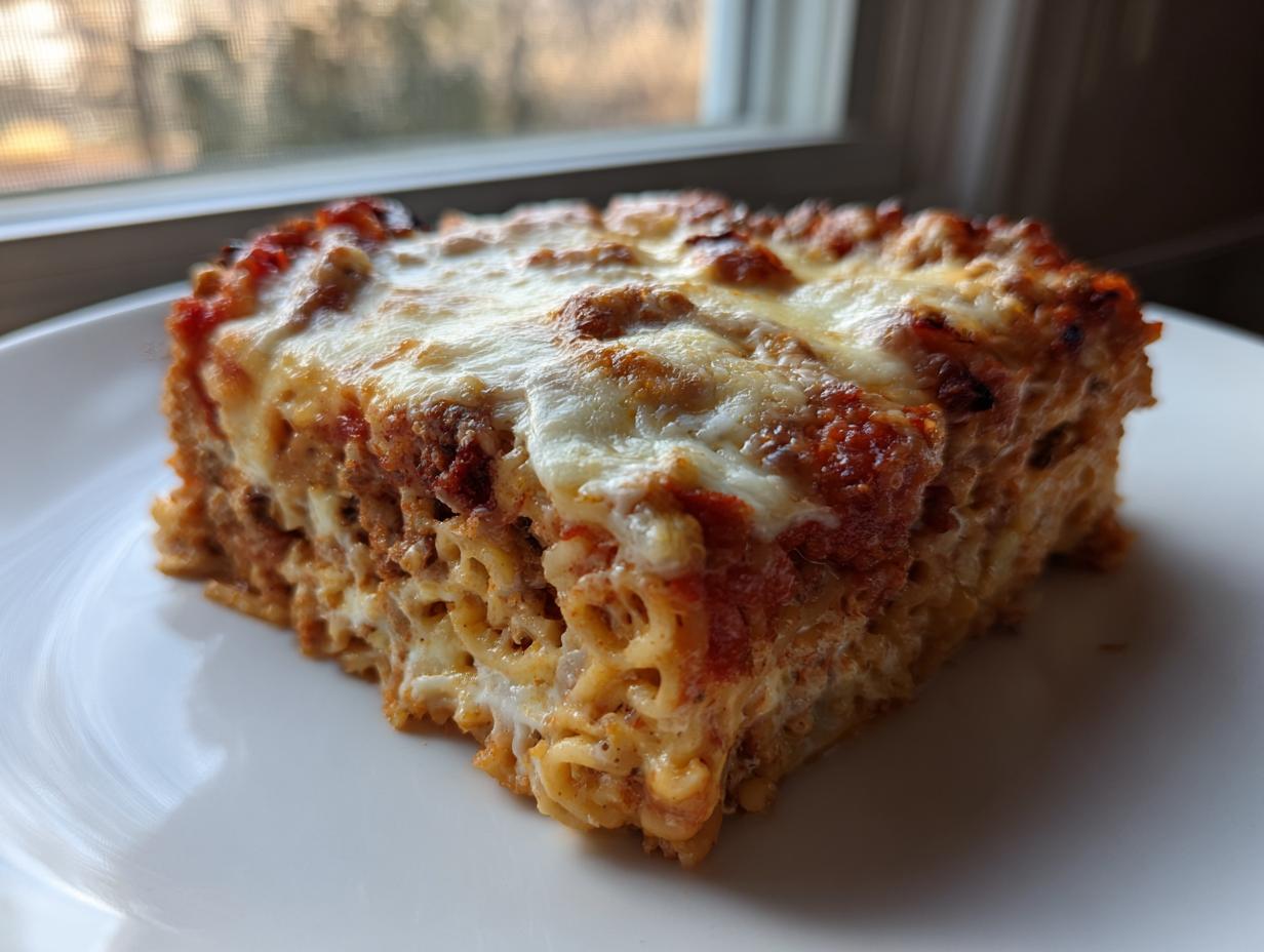 A close-up of a square slice of Leftover spaghetti bake, showing pasta mixed with sauce and a melted, browned cheese topping.