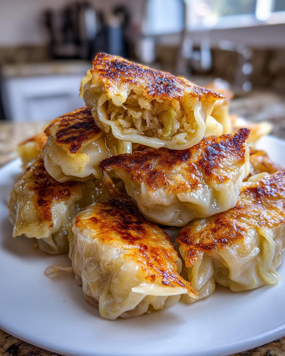 A stack of golden, pan-fried cabbage dumplings with a crispy bottom, one cut open showing the cabbage filling.