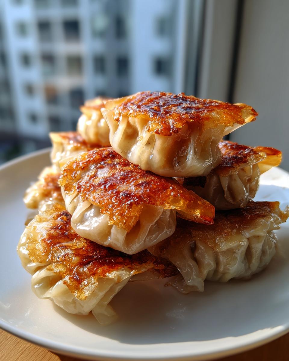 A stack of perfectly pan-fried Cabbage Dumplings with crispy, golden-brown bottoms served on a white plate.