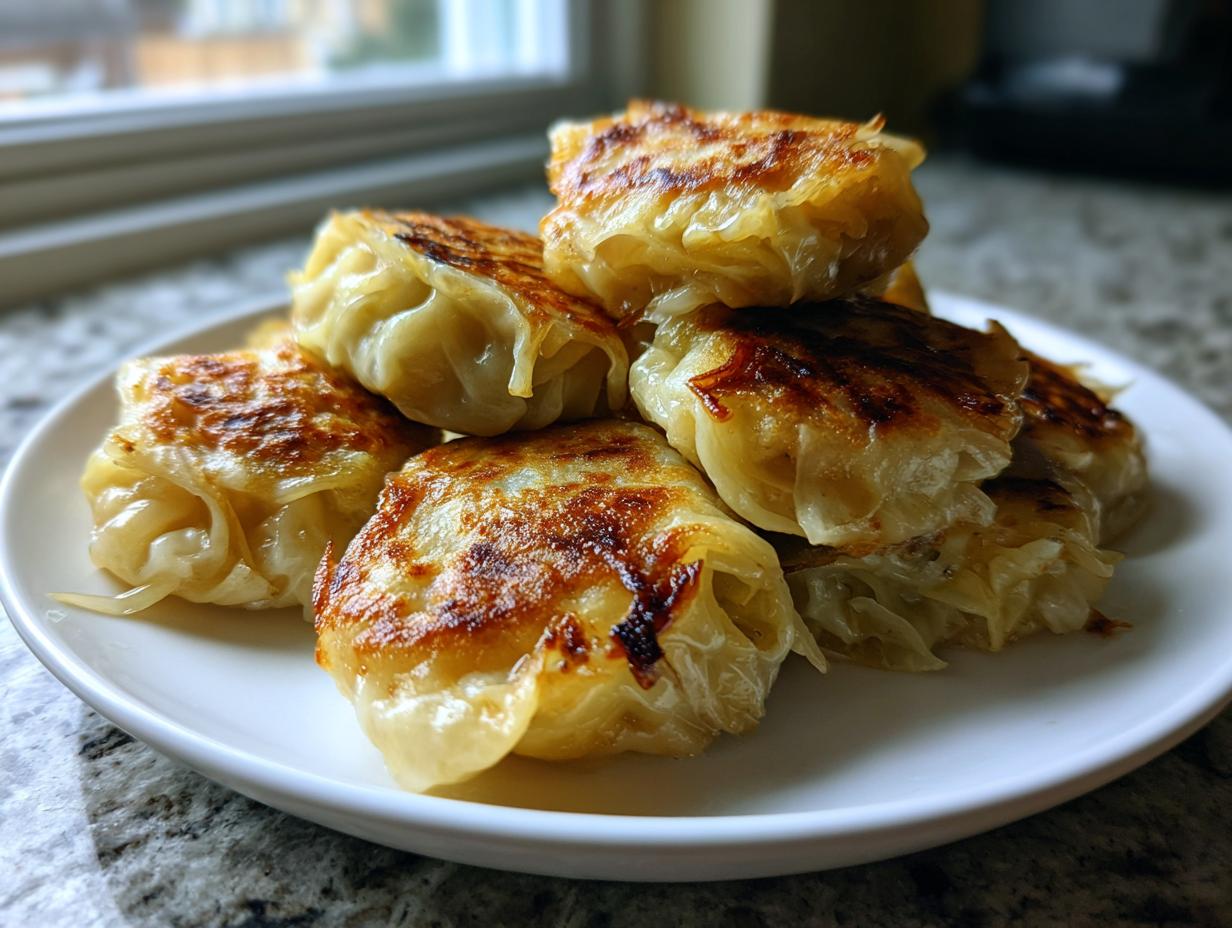 A stack of golden-brown, pan-fried cabbage dumplings resting on a white plate near a window.