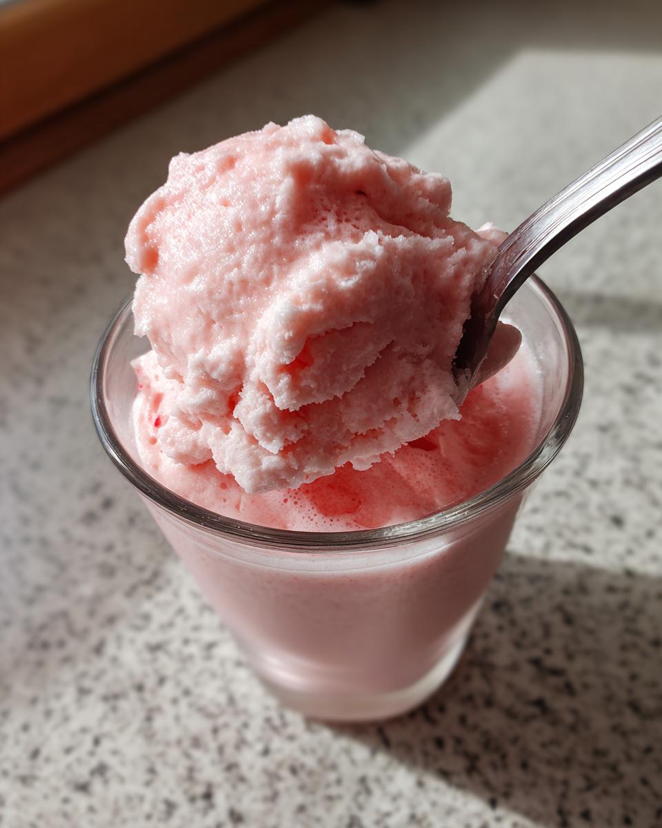 A spoonful of fluffy pink strawberry cold foam topping a glass of liquid, ready to be enjoyed.