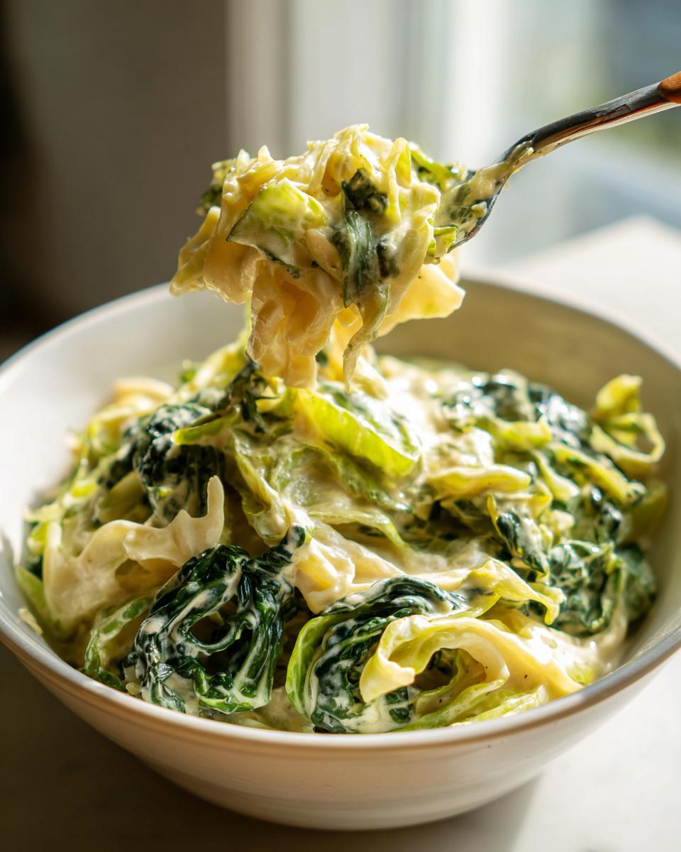 A fork lifting a generous portion of creamy Cabbage Alfredo from a white bowl.