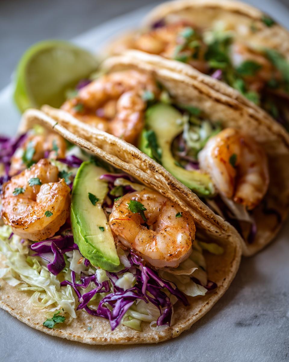 Close-up of three soft tortilla shrimp tacos filled with seasoned shrimp, avocado, and purple cabbage slaw.
