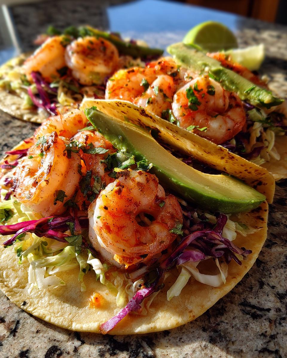 Close-up of two delicious shrimp tacos filled with seasoned shrimp, cabbage slaw, and avocado slices.