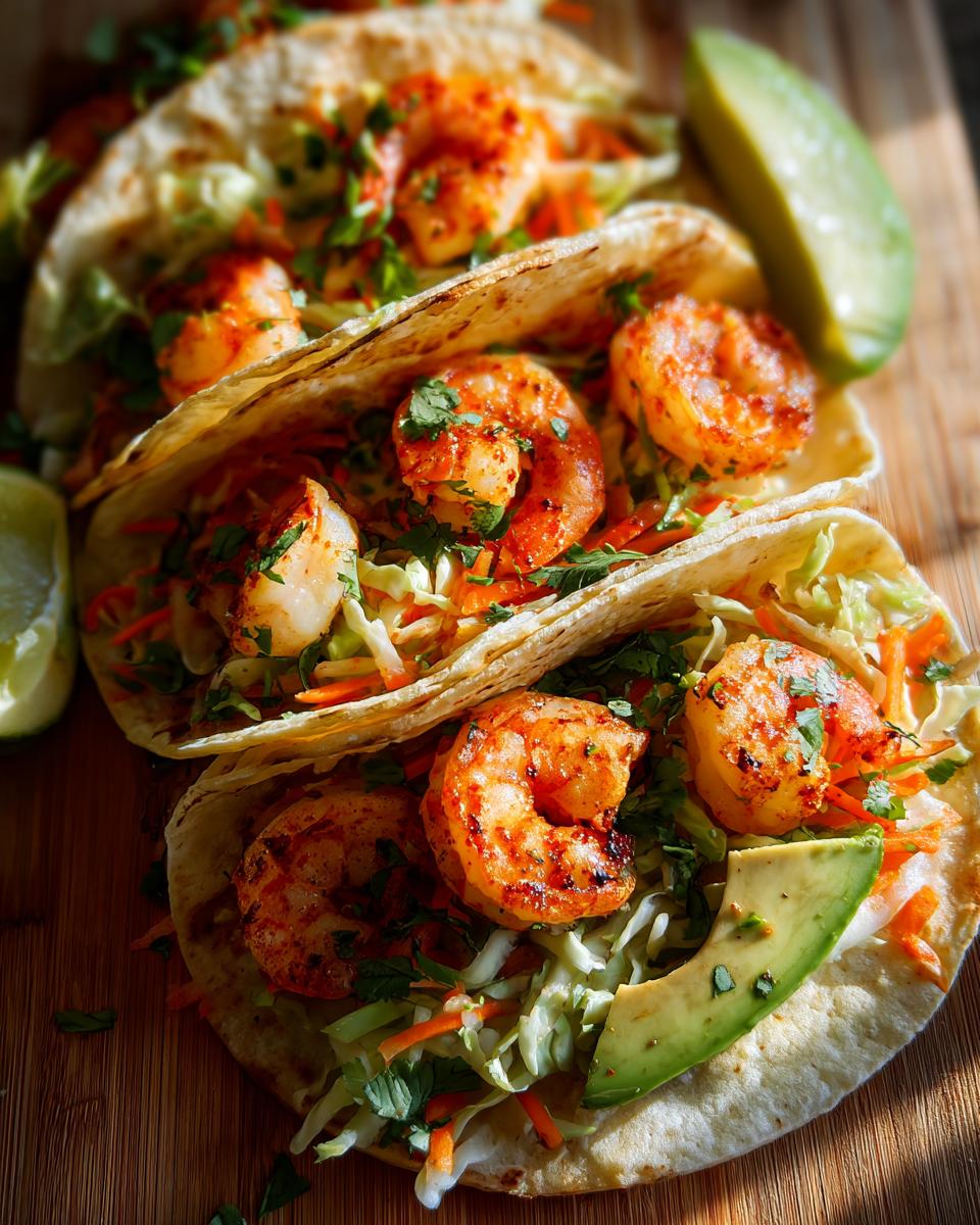 Three delicious shrimp tacos filled with seasoned shrimp, slaw, and topped with avocado slices.