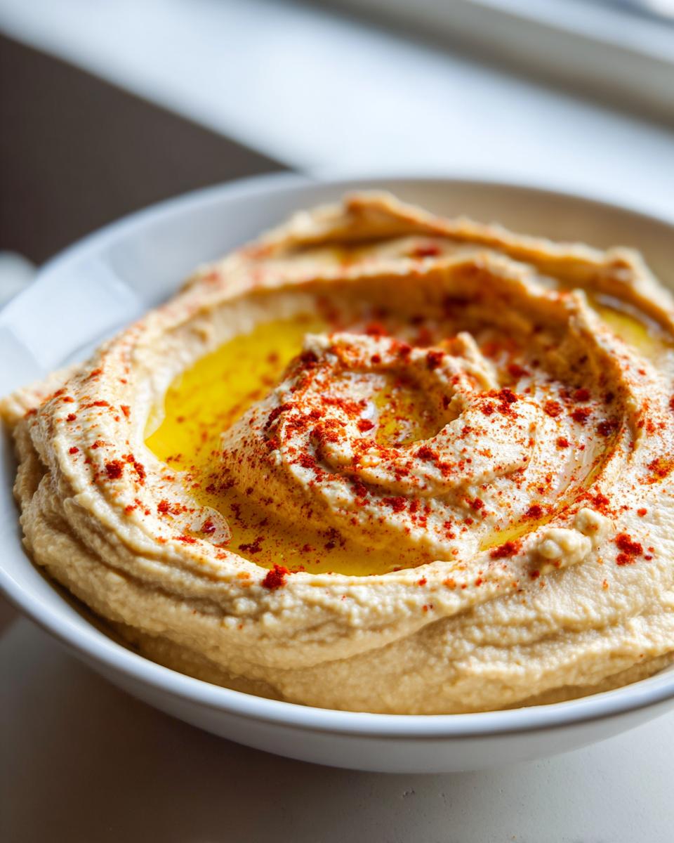 Close-up of a bowl of silky Traditional hummus, swirled and topped with olive oil and paprika.