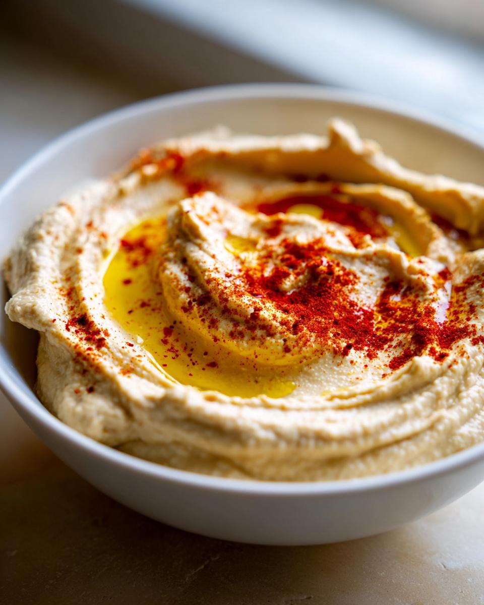 Close-up of a bowl of silky Traditional hummus, swirled and topped with olive oil and a dusting of paprika.