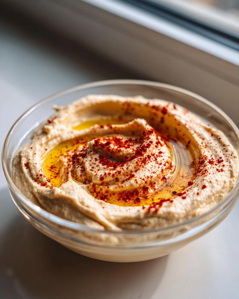 Close-up of a bowl of silky traditional hummus, swirled and topped with olive oil and paprika.