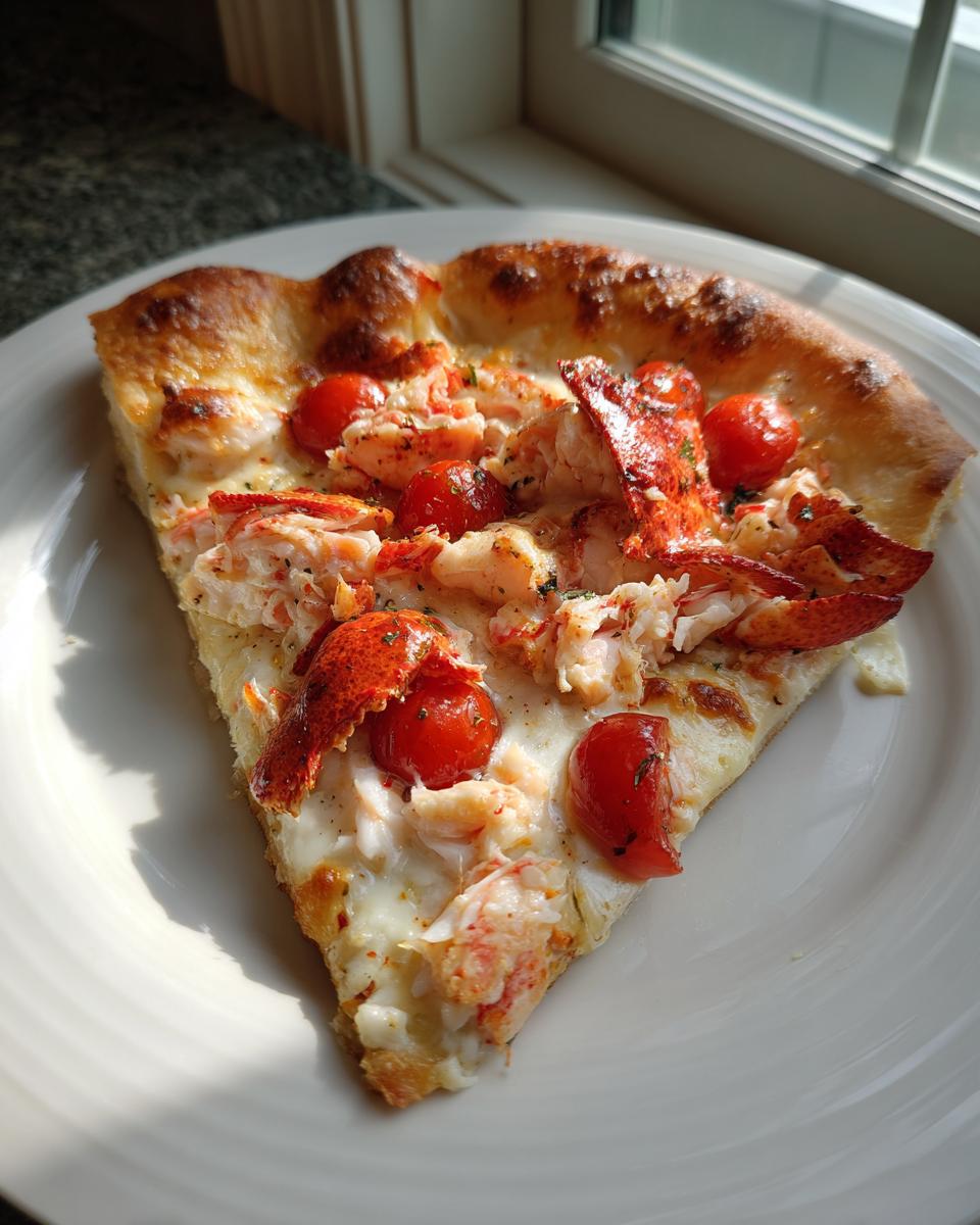 A single slice of amazing lobster pizza topped with chunks of lobster meat and halved cherry tomatoes on a white plate.