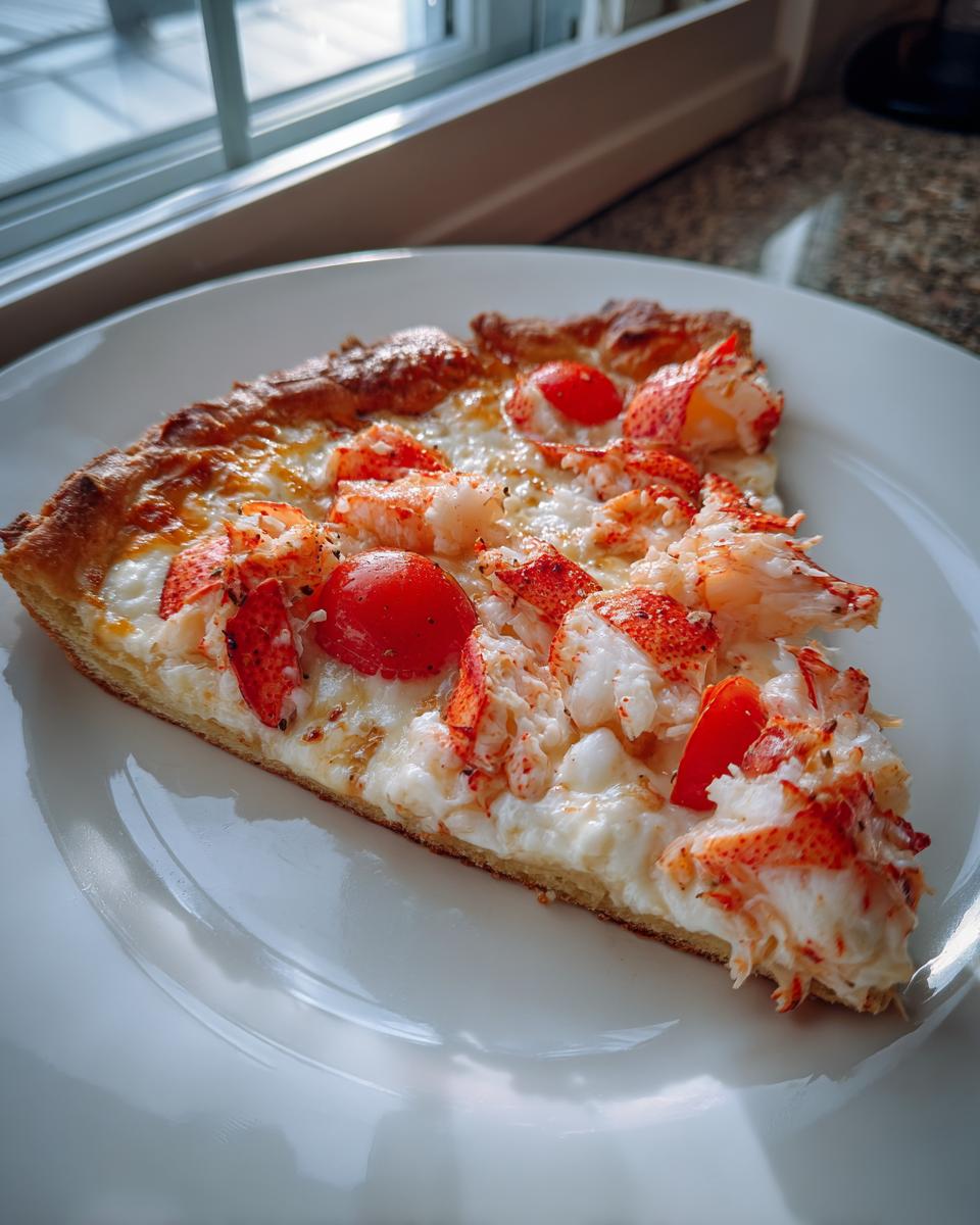 A close-up slice of amazing lobster pizza topped with chunks of bright red lobster meat and cherry tomatoes on a white plate.