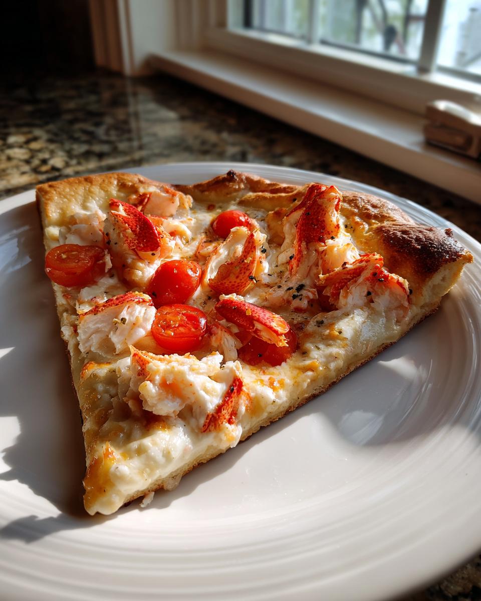 A single slice of rich Lobster pizza topped with chunks of lobster meat and halved cherry tomatoes on a white plate.