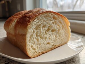 Close-up of a loaf end showing the soft, open crumb structure of the soft sourdough sandwich bread.