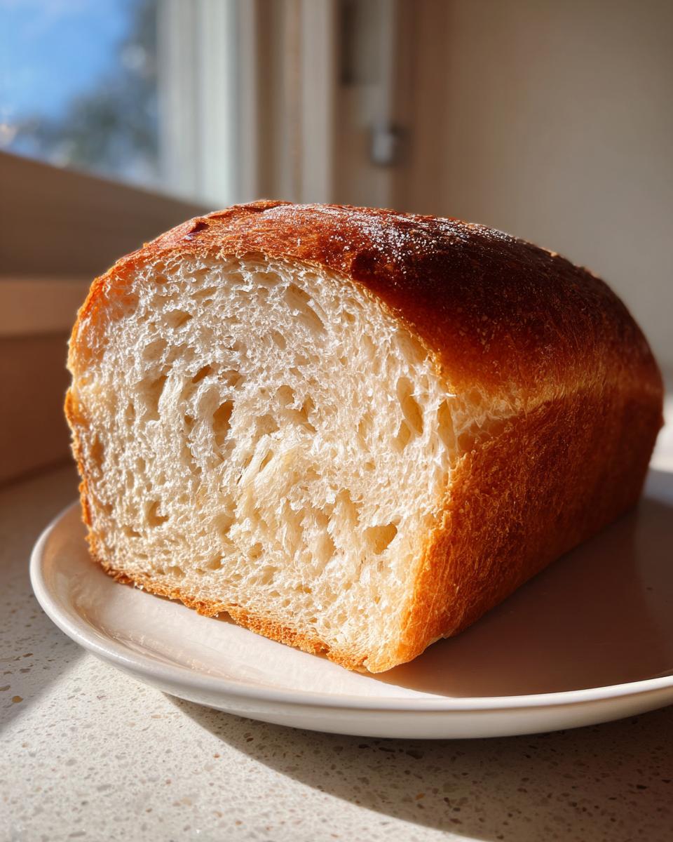 A loaf of freshly baked soft sourdough sandwich bread, sliced to show its fluffy, open crumb structure.