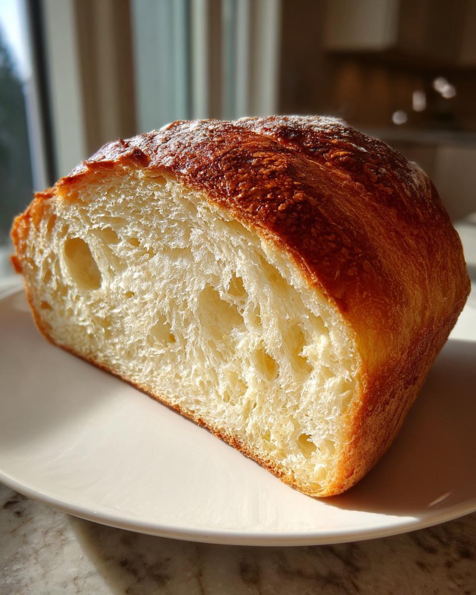 A close-up of a freshly baked loaf of soft sourdough sandwich bread, showing the fluffy white crumb and golden crust.