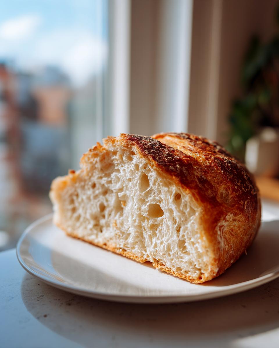 A close-up of a slice of soft sourdough sandwich bread showing its airy crumb structure and golden crust.