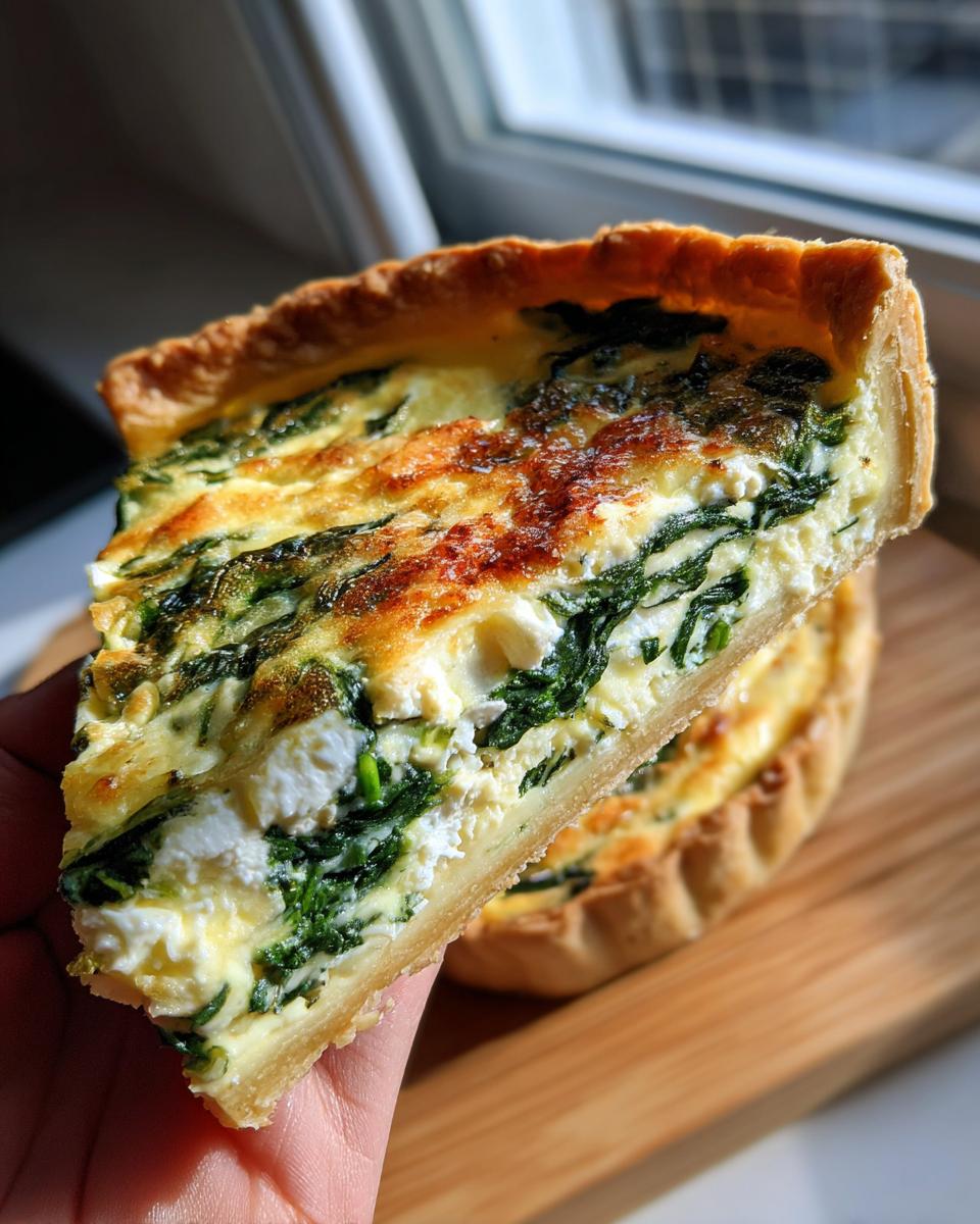 A hand holding up a thick slice of spinach quiche showing the creamy filling, spinach, and golden crust.