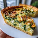 Close-up of a thick slice of Spinach quiche showing the golden crust, creamy egg filling, spinach, and chunks of white cheese.
