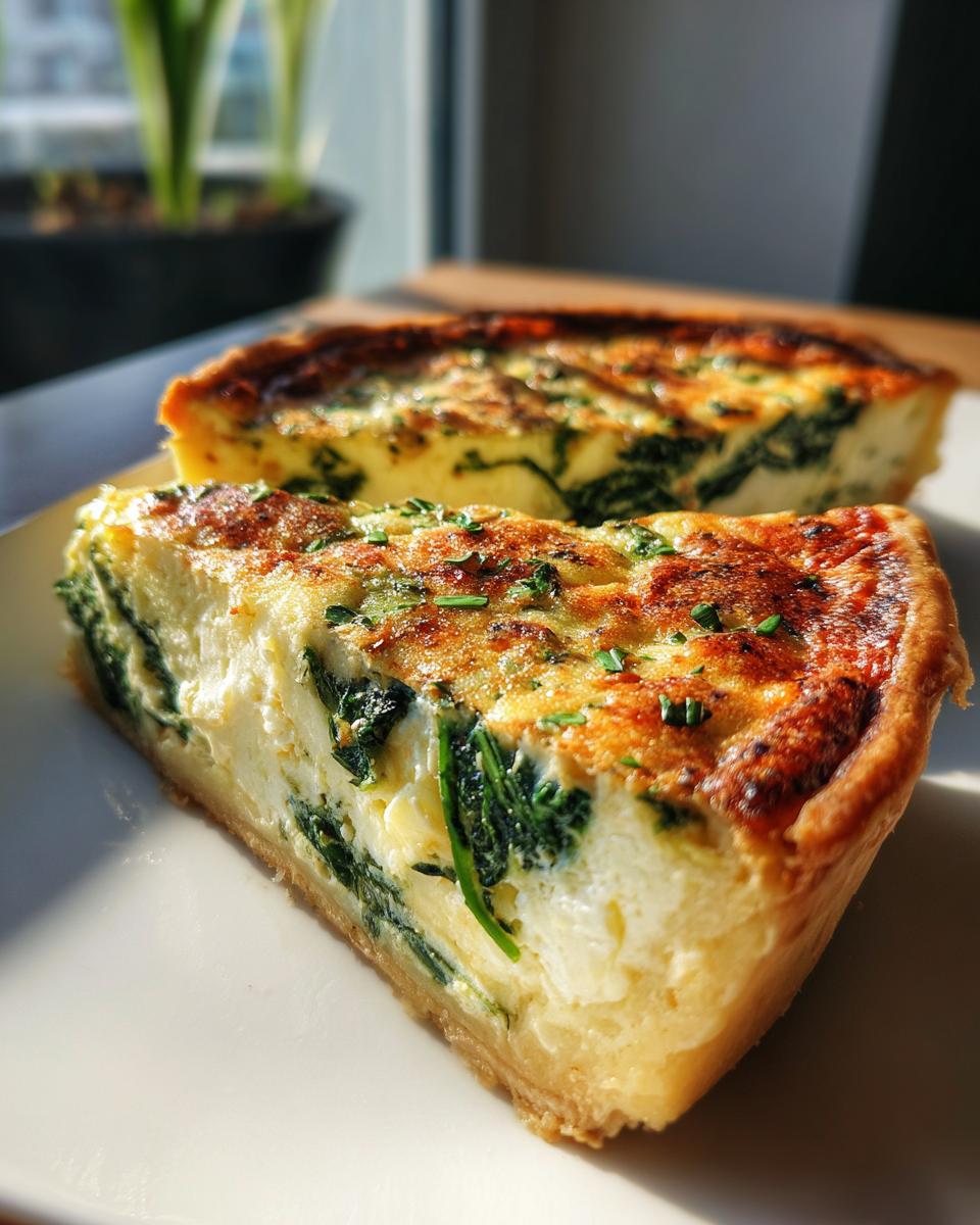 Close-up of a thick slice of spinach quiche showing creamy filling, green spinach, and a golden, chive-topped crust.