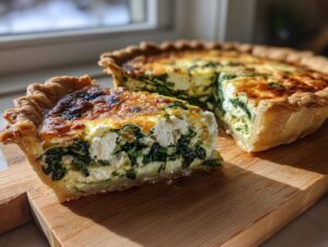 A close-up of a slice of rich Spinach quiche next to the remaining tart on a wooden board.