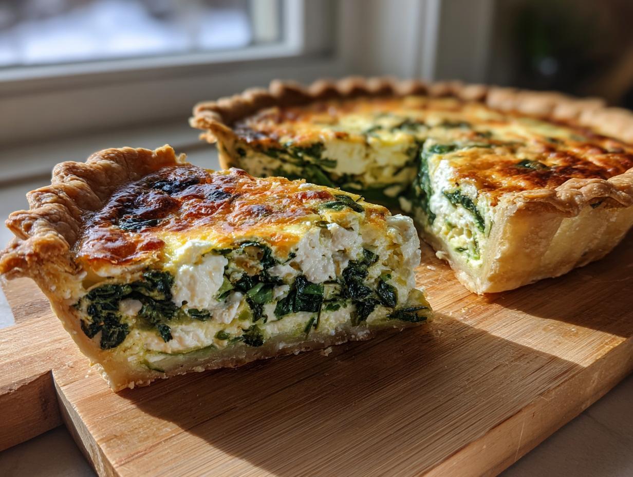 A close-up of a slice of rich Spinach quiche next to the remaining tart on a wooden board.