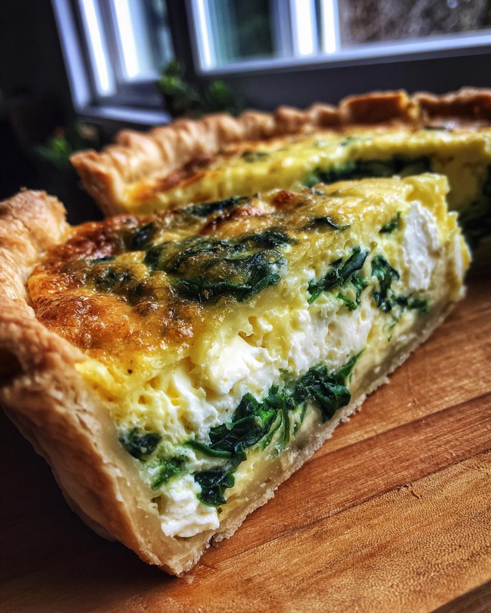 Close-up of a thick slice of spinach quiche showing the flaky crust and creamy filling with spinach and white cheese.
