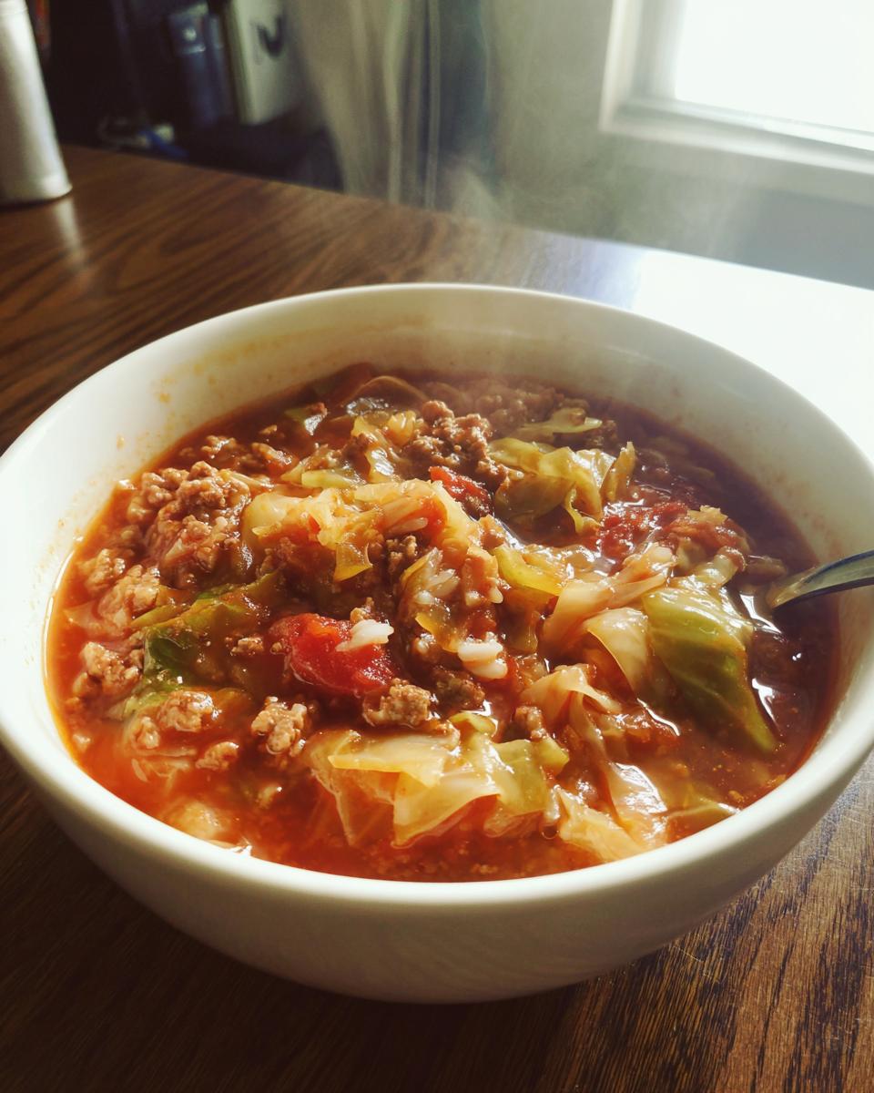 A close-up of a steaming white bowl filled with rich, tomato-based Golumpki soup containing ground meat, cabbage, and rice.