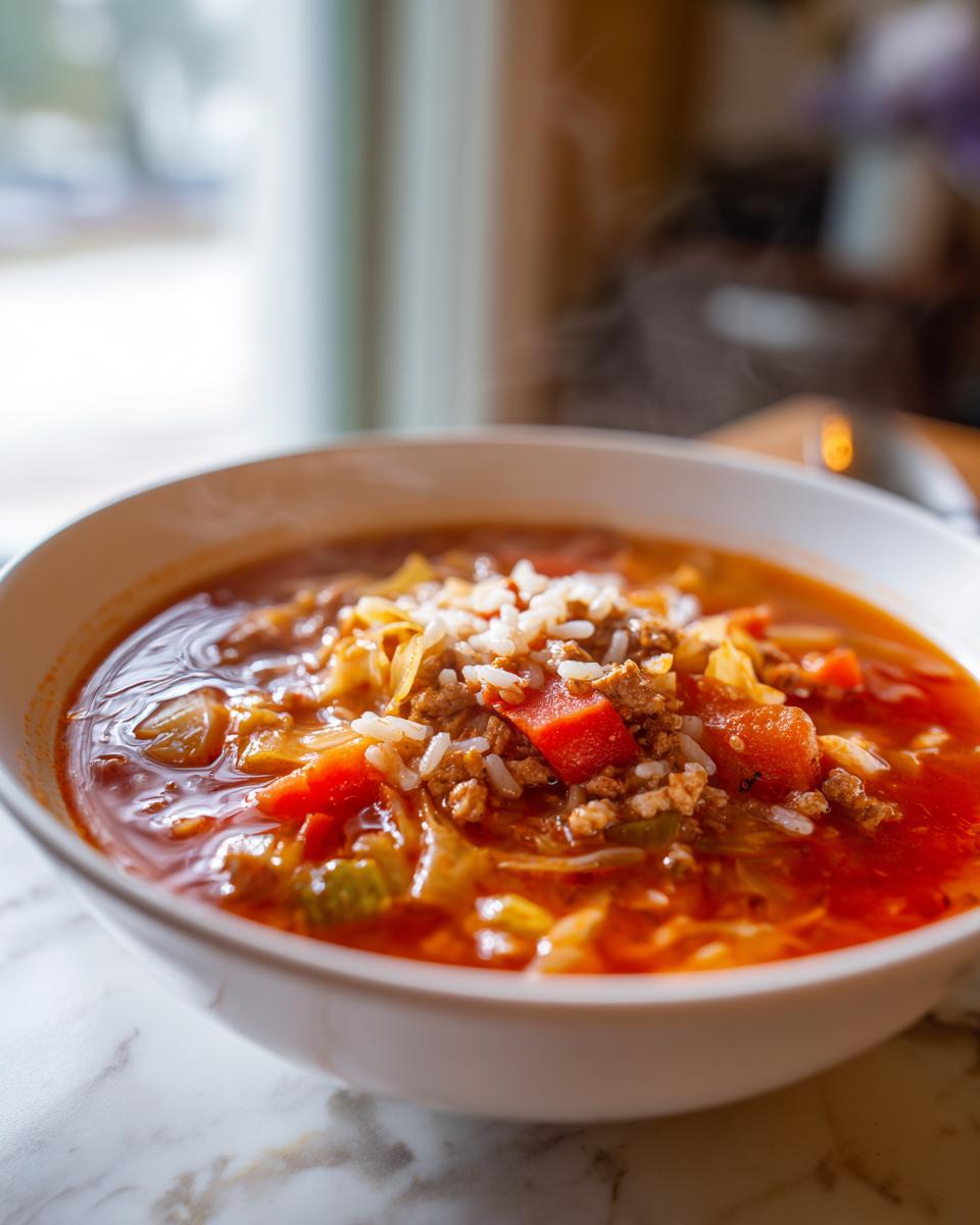 Close-up of a steaming white bowl filled with rich, red Golumpki soup topped with ground meat, cabbage, tomatoes, and rice.
