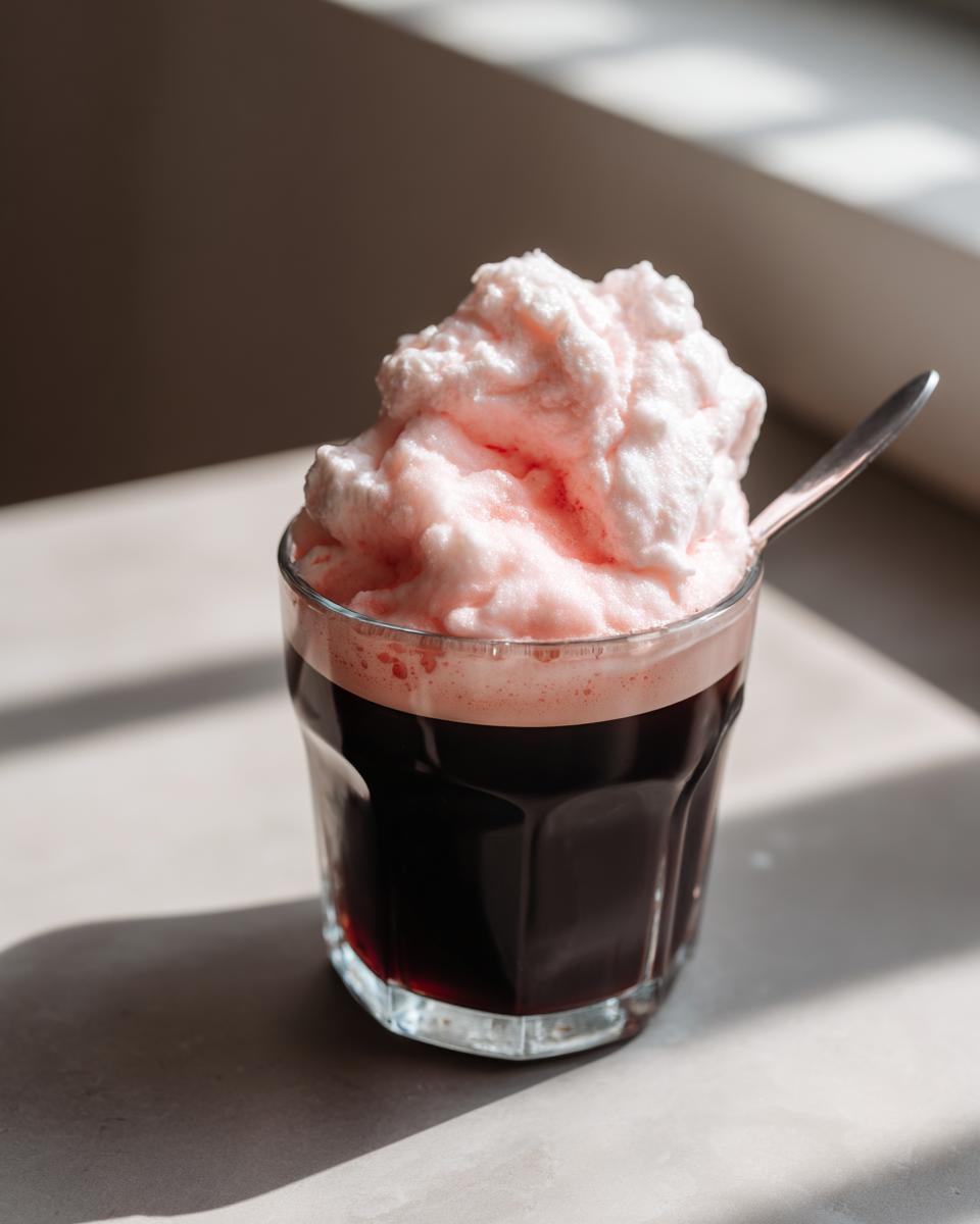 A glass of dark liquid topped generously with fluffy pink Strawberry cold foam, sitting in sunlight.