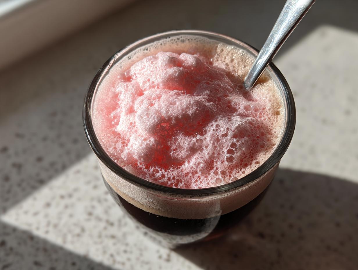 Overhead view of a glass topped with thick, pink strawberry cold foam floating over a dark beverage, with a spoon resting inside.