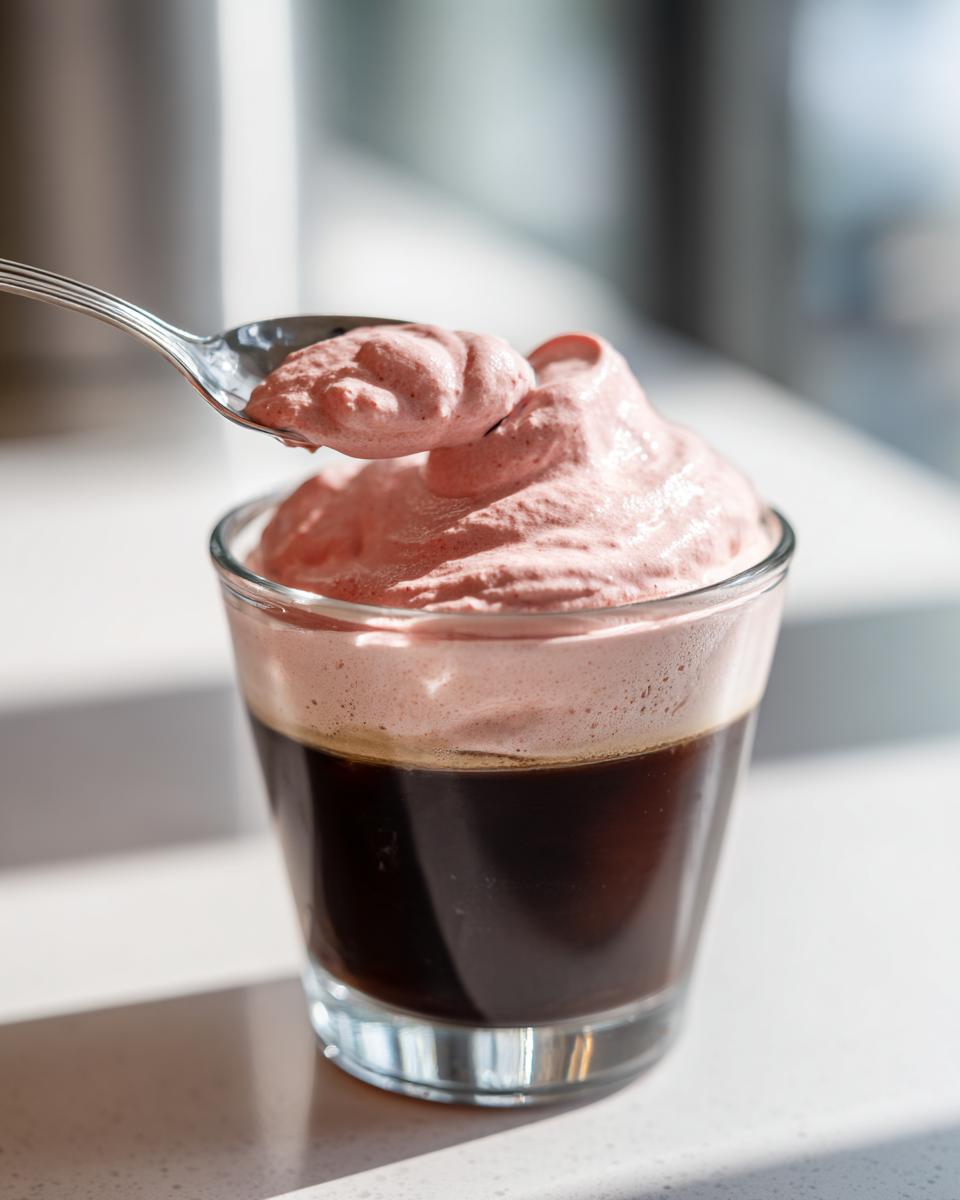 A spoonful of thick, pink strawberry cold foam is being placed on top of a dark coffee drink.