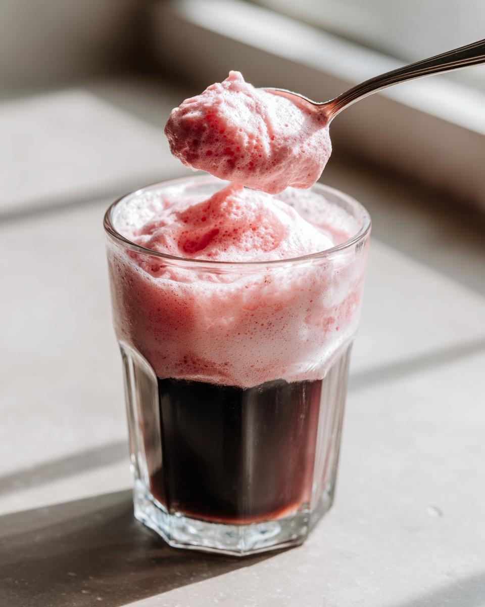 A spoonful of pink Strawberry cold foam being added to a glass of dark liquid.