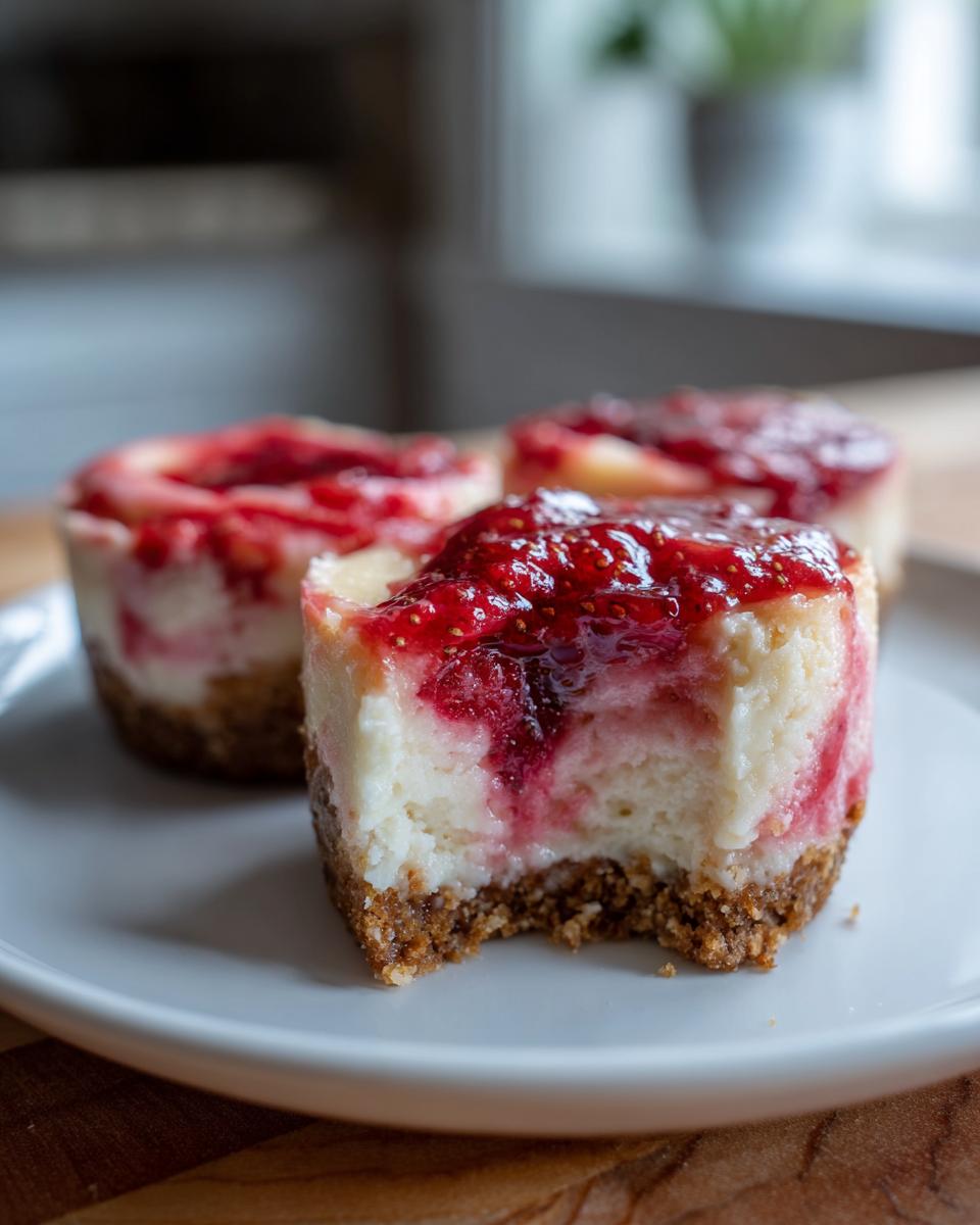 Close-up of a strawberry rhubarb mini cheesecake with a bite taken out, showing the graham cracker crust and bright red topping.