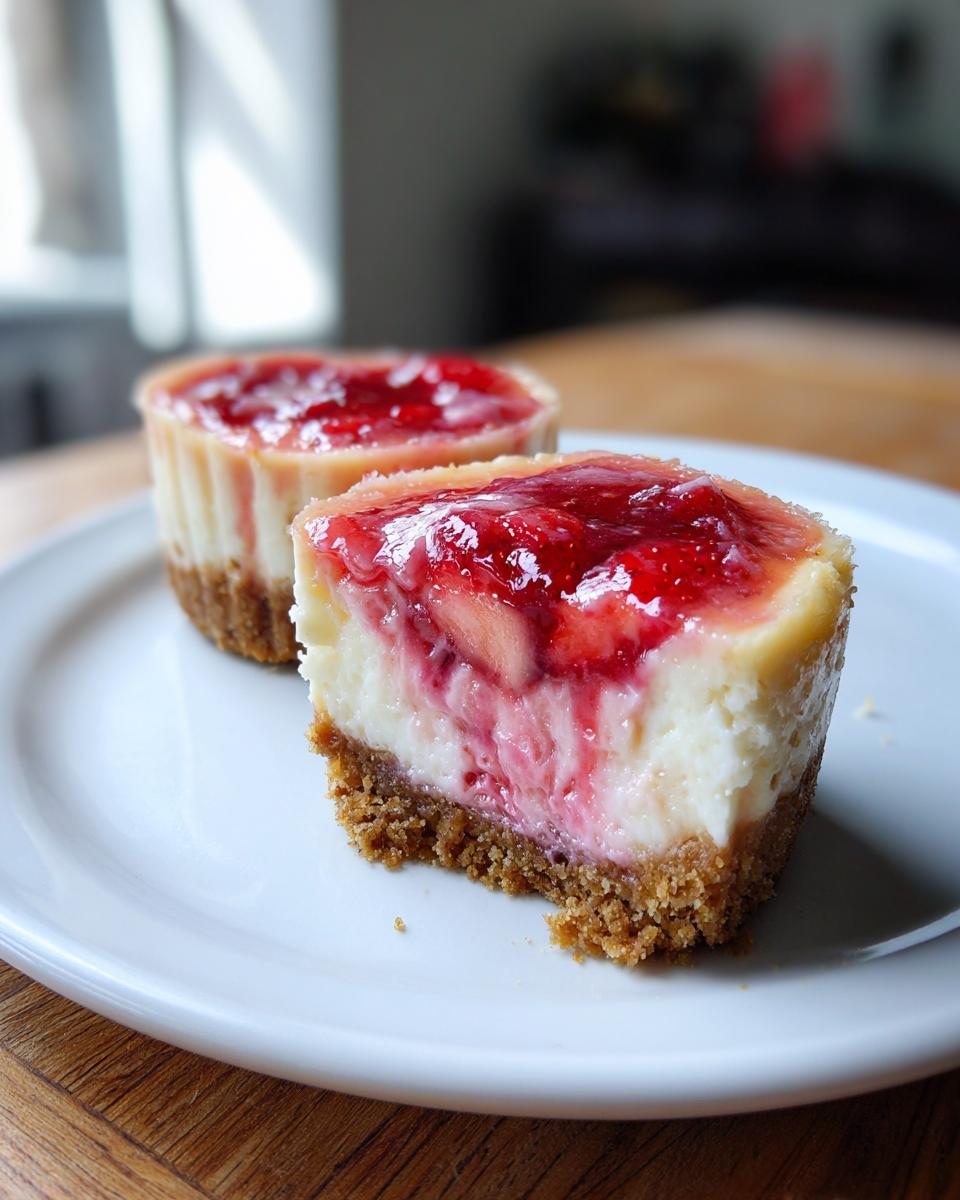Close-up of a cross-section of strawberry rhubarb mini cheesecakes showing the graham cracker crust and creamy filling.