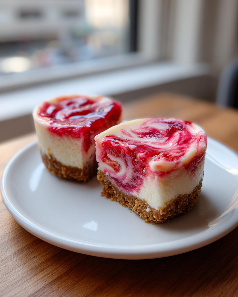 Two individual strawberry rhubarb mini cheesecakes with a graham cracker crust served on a white plate.