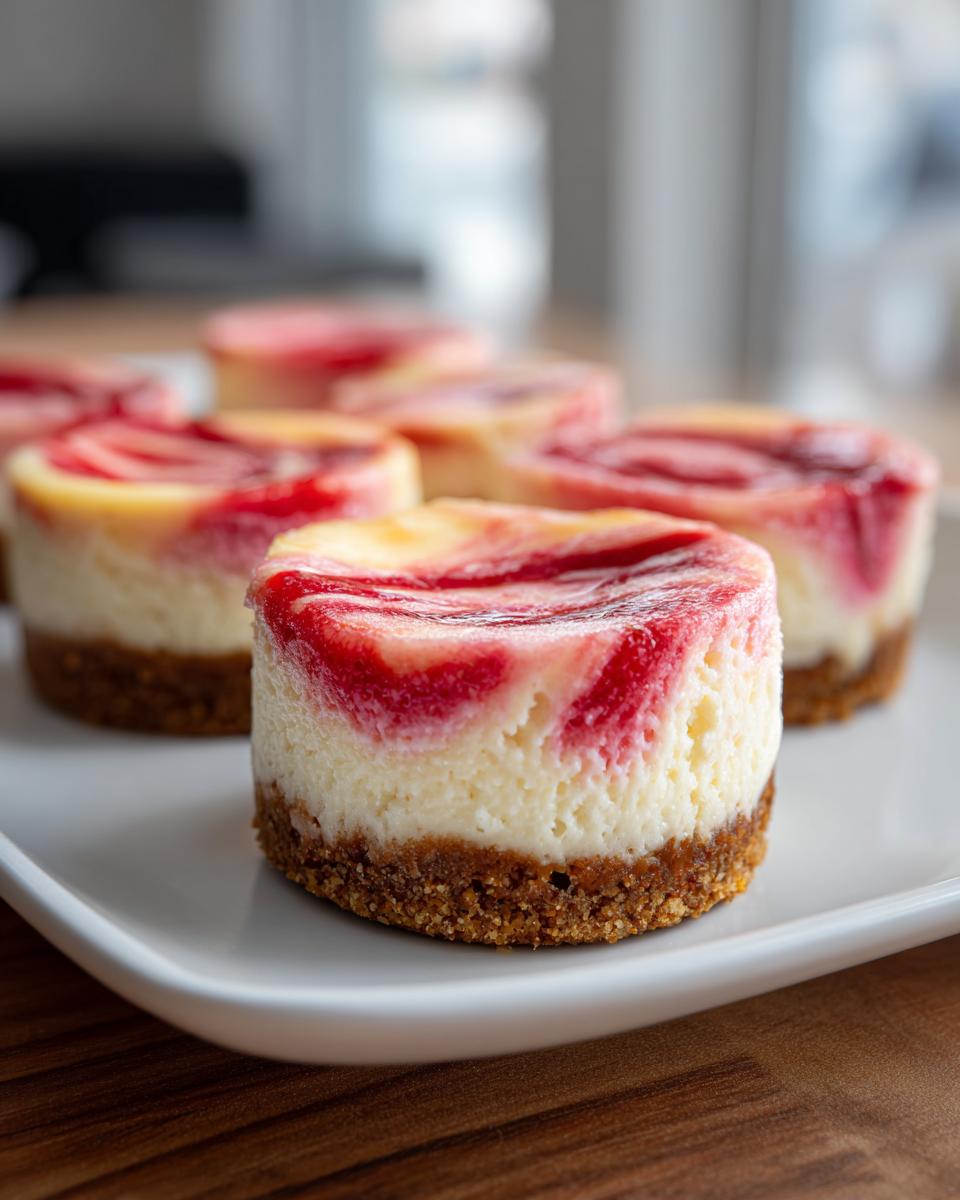 Close-up of several strawberry rhubarb mini cheesecakes with a graham cracker crust, featuring a bright red swirl topping.