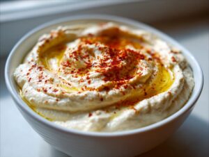 Close-up of a bowl of silky Traditional hummus swirled and topped with olive oil and a sprinkle of paprika.