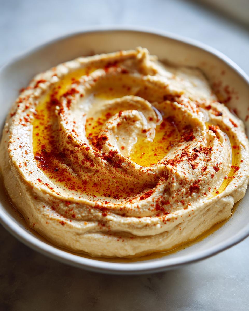 Close-up of a bowl of creamy Traditional hummus, swirled and topped with olive oil and a sprinkle of red paprika.