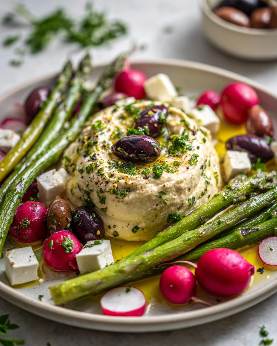 Close-up of a beautiful Mezze platter featuring a mound of hummus surrounded by grilled asparagus, radishes, feta cubes, and olives.