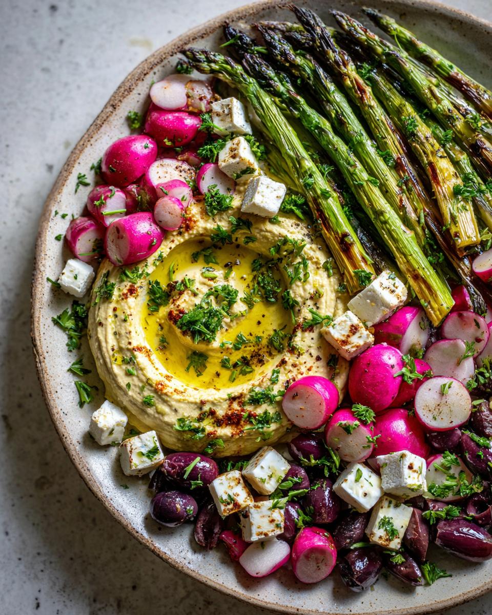 Overhead view of a vibrant Mezze platter featuring a central swirl of hummus surrounded by grilled asparagus, radishes, olives, and feta cheese.