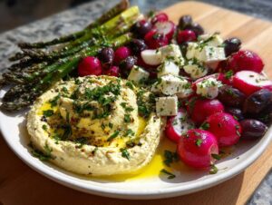 A vibrant Mezze platter featuring creamy hummus, grilled asparagus, radishes, olives, and feta cheese.