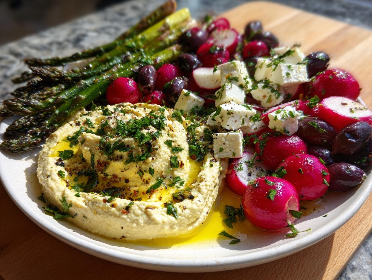 A vibrant Mezze platter featuring creamy hummus, grilled asparagus, radishes, olives, and feta cheese.