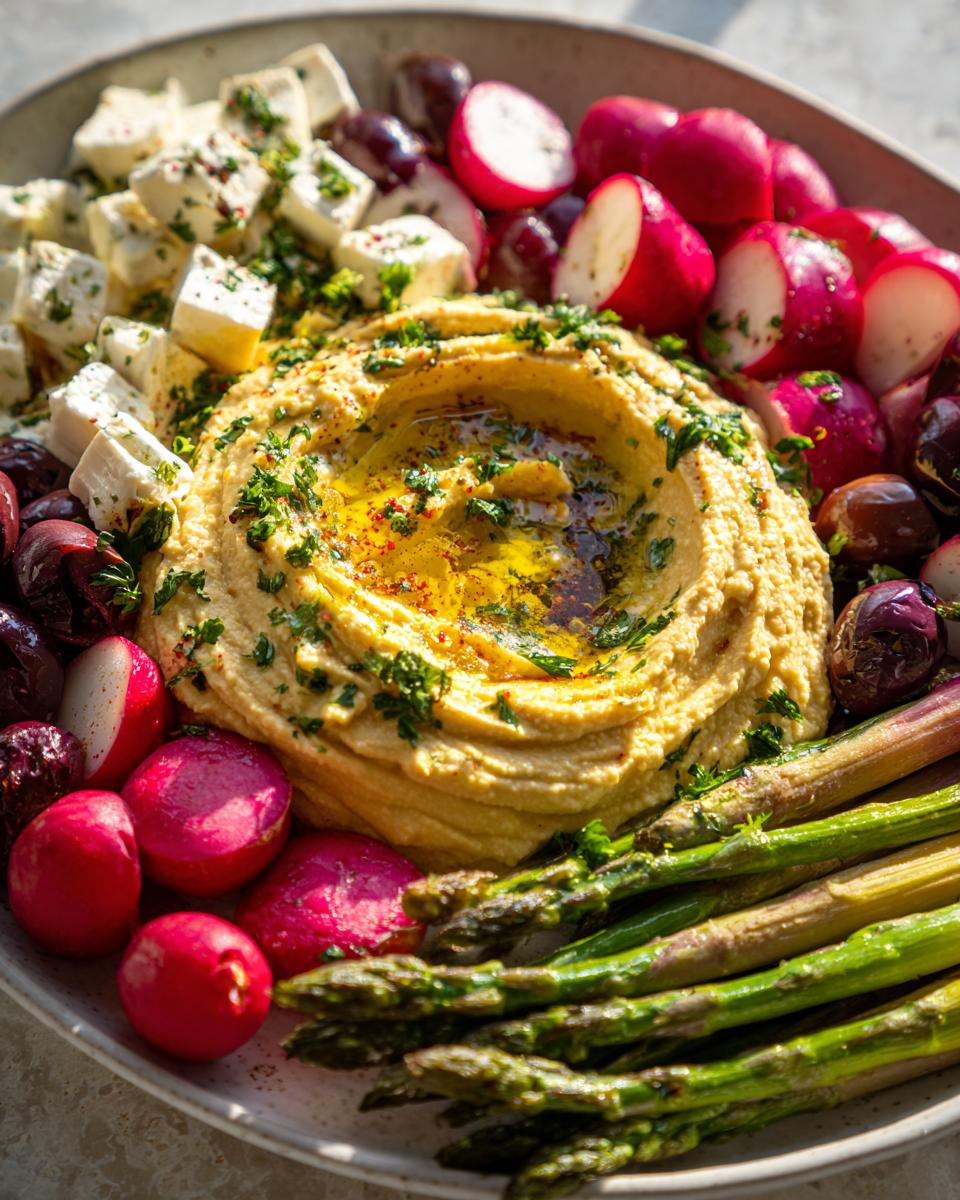 Close-up of a colorful Mezze platter featuring a central swirl of hummus topped with olive oil, surrounded by feta cheese, radishes, olives, and grilled asparagus.